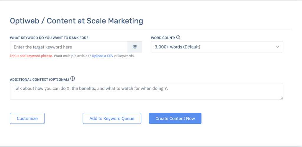 Content at Scale Review - Keyword Input