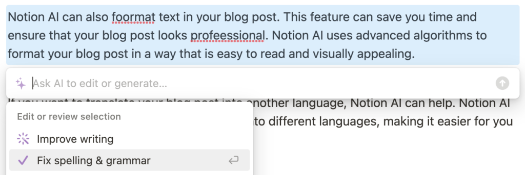 Notion AI Grammar and Spelling Checker