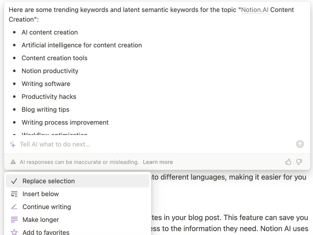 Notion AI List of Trending Keywords