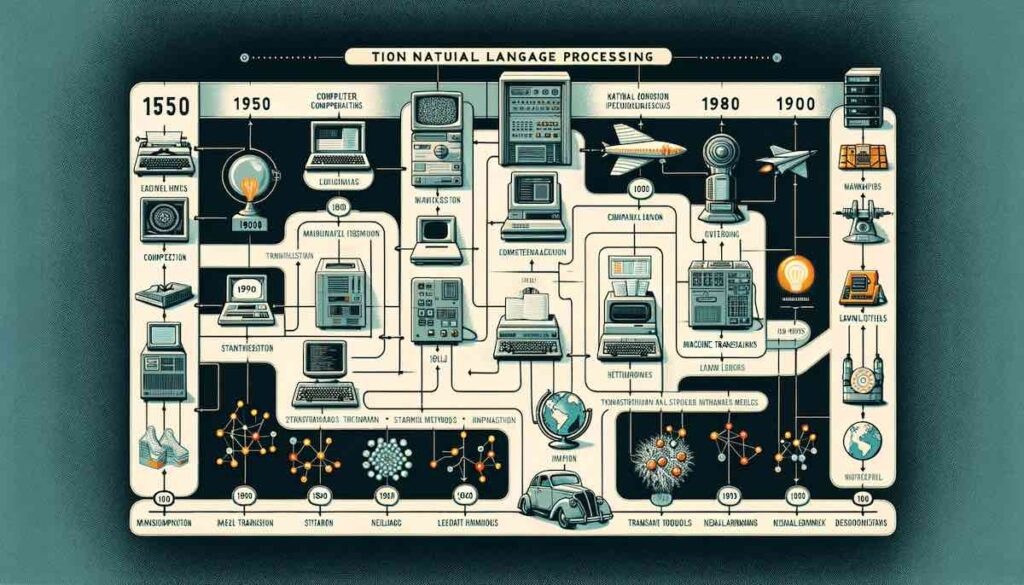 Timeline graphic depicting the historical development of NLP technology