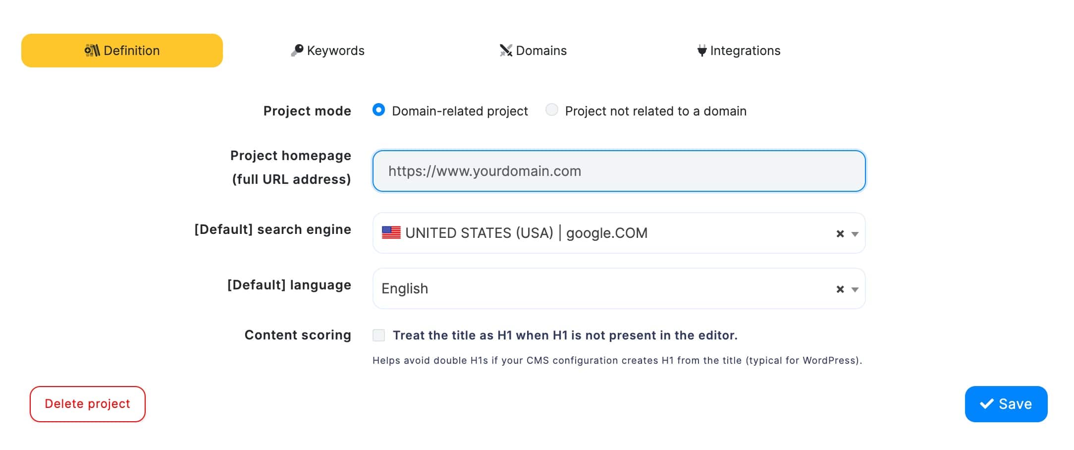 Neuronwriter Project Settings