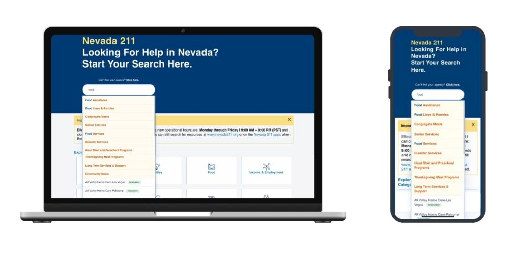 Nevada 211 Homepage Predictive Search Screenshots
