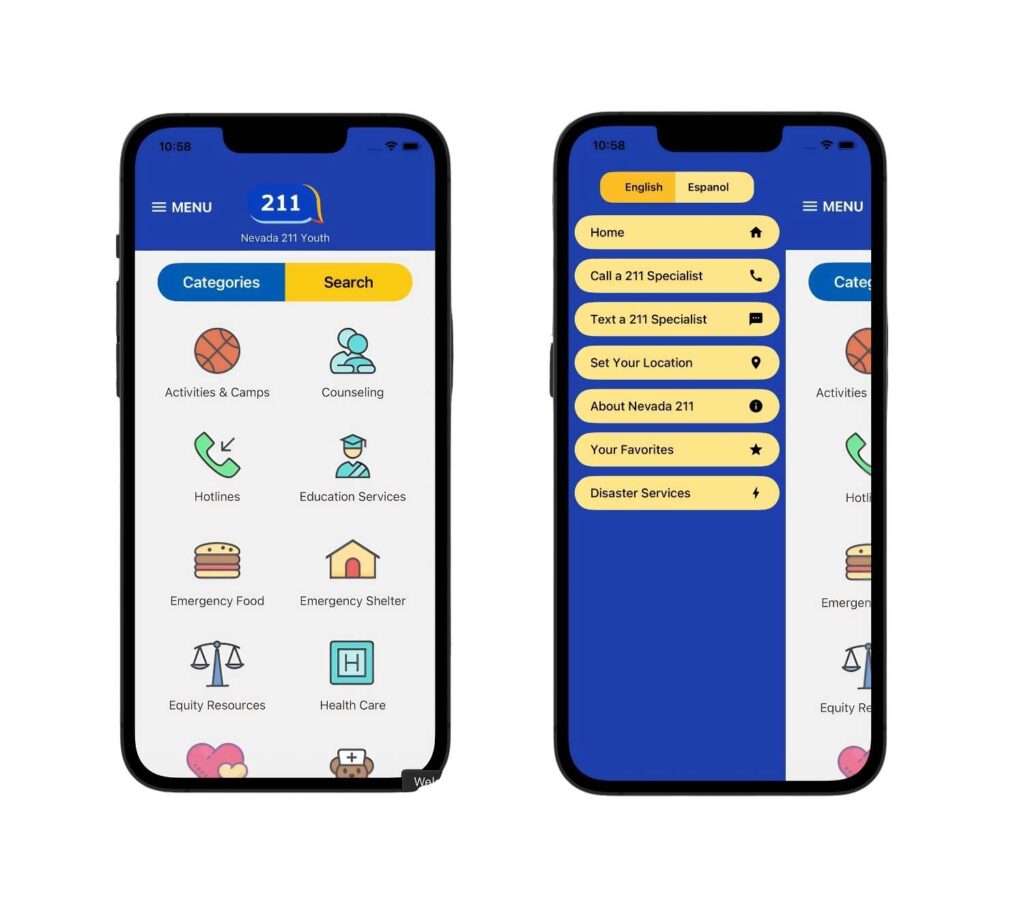 Nevada 211 App Home and Menu Screens