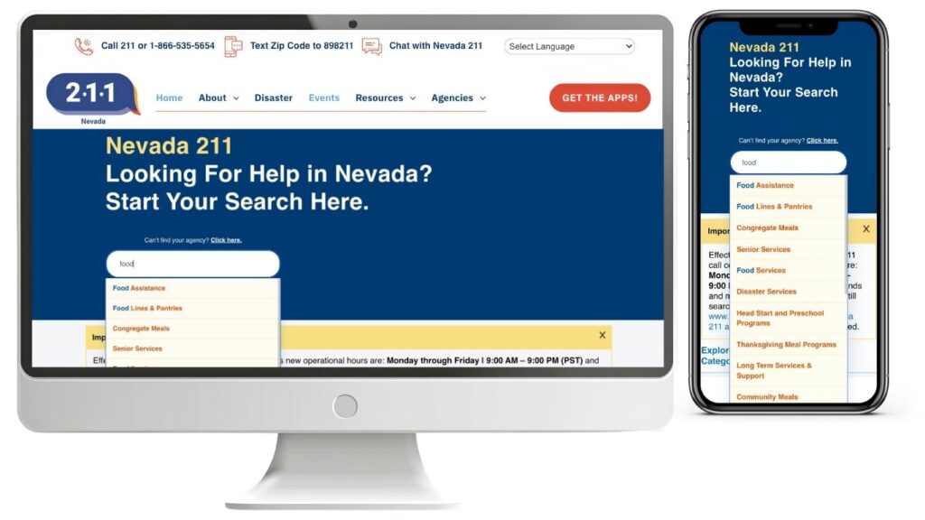 Nevada 211 Homepage Predictive Search Screenshots