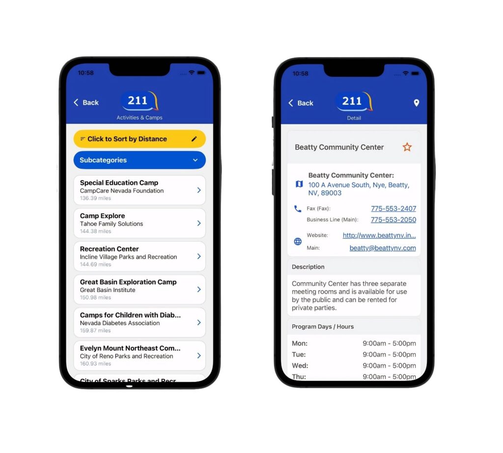 Nevada 211 Search Results List and Detail Screen