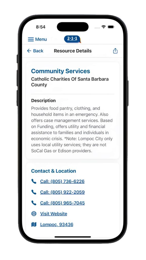 Santa Barbara County 211 Resource Detail Screen
