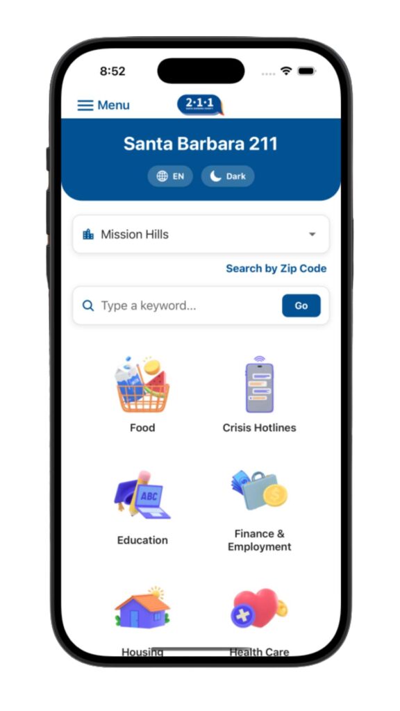Santa Barbara County 211 Resource Directory Home Screen