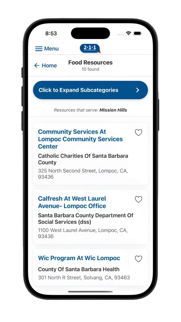 Santa Barbara County 211 Resource Directory List App Screen