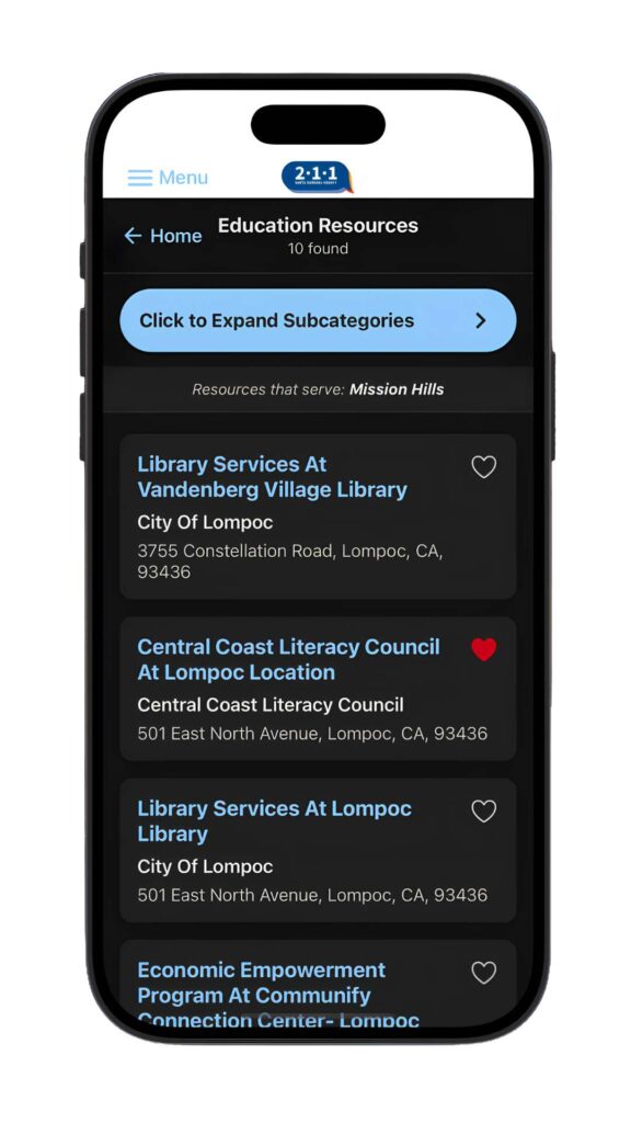 Santa Barbara County 211 Resource Directory List Screen