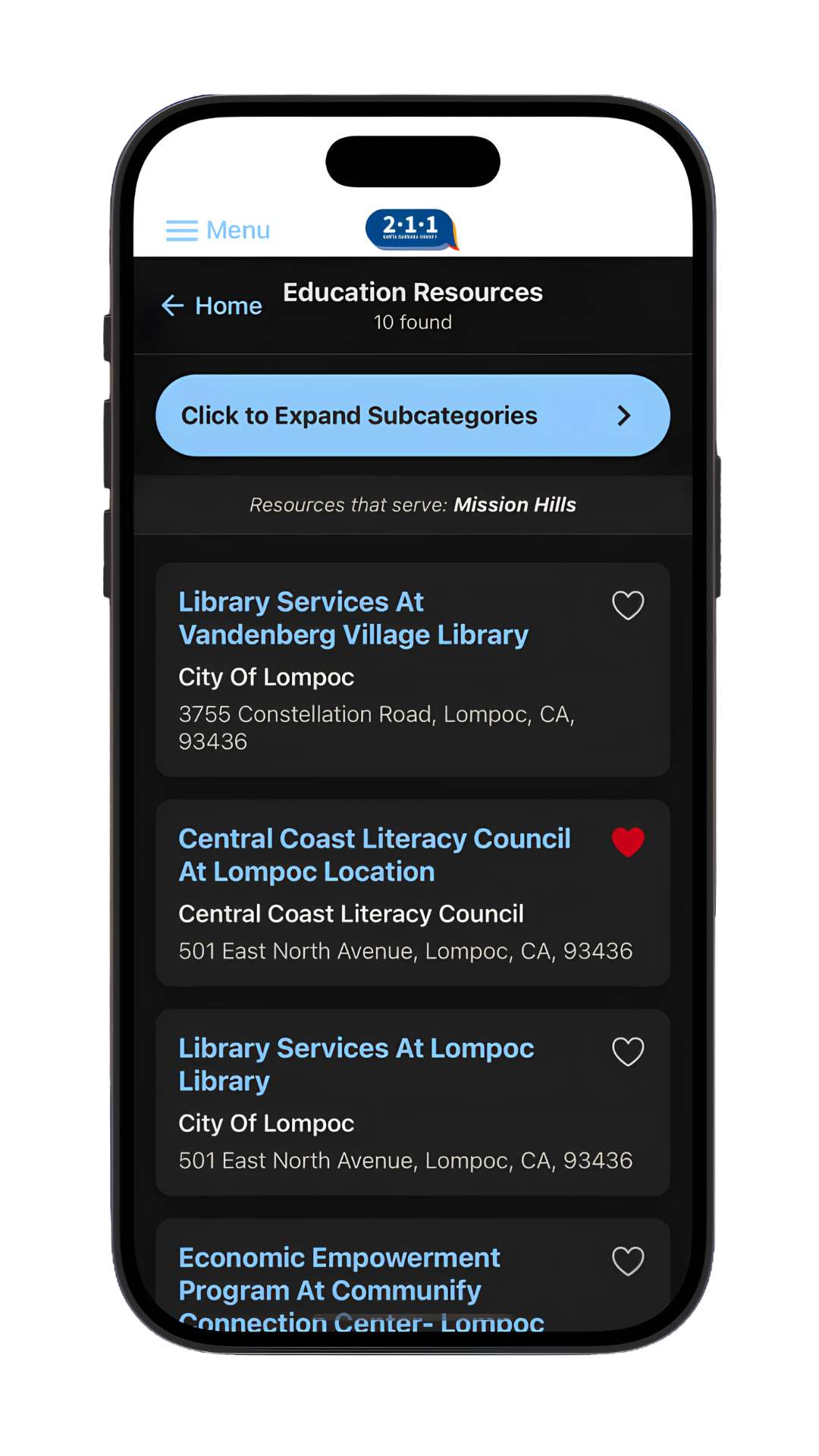 Santa Barbara County 211 Resource Directory List Screen